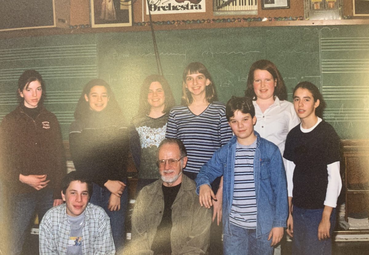 Michael Colgrass in residence with students at Winona Drive Public School Band in Toronto, Ontario, Canada (2000).