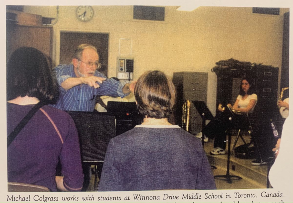 Michael Colgrass in residence with students at Winona Drive Public School Band in Toronto, Ontario, Canada (2000).