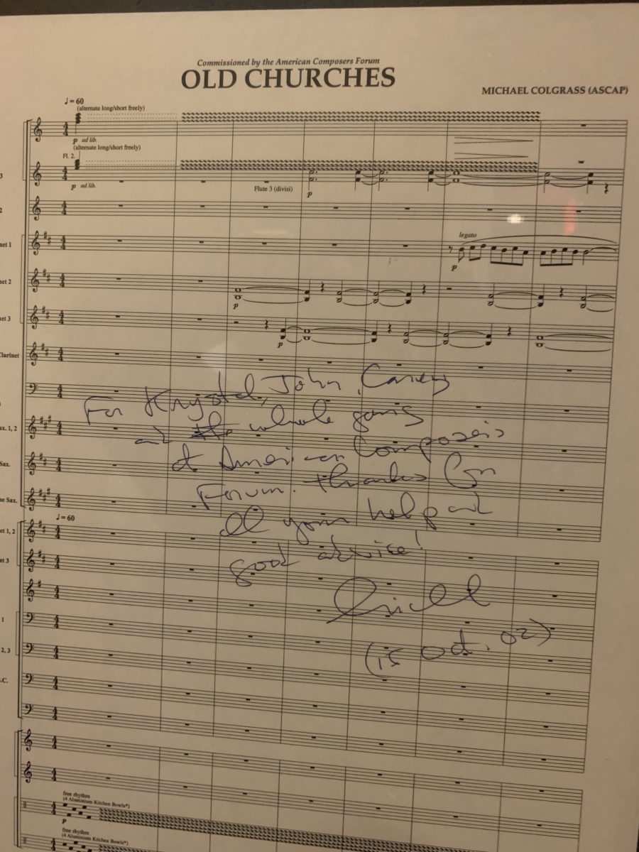 Michael Colgrass' signed score of 'Old Churches' which was premiered in 2000 with the Winona Drive Public School Band in Toronto, Ontario, Canada under the direction of Louis Papachristos.