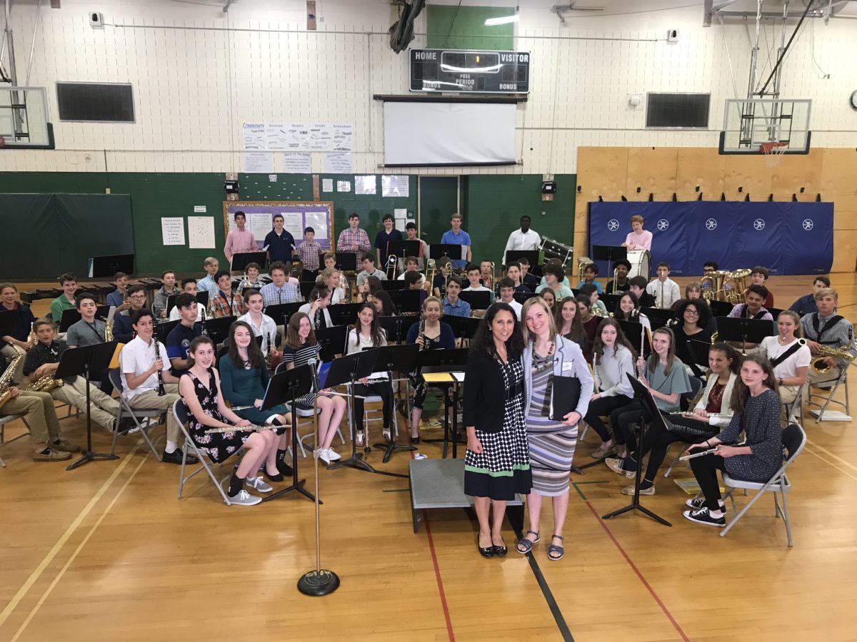 Tawnie Olson, director Susan Oakley, and the students at EC Adams Middle School in Guilford, CT on the premiere day of 'Pop!' (2018).