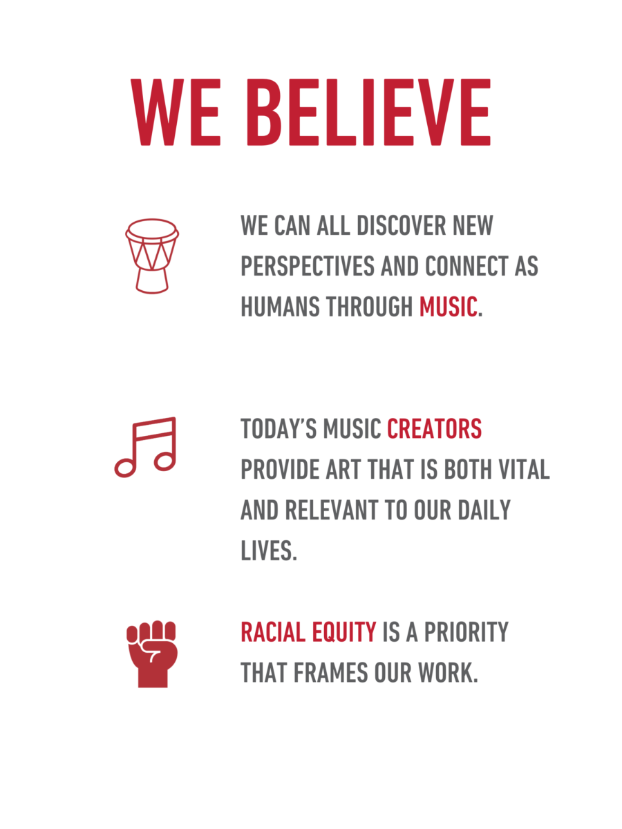 Text with icons: We Believe
we can all discover new perspectives and connect as humans through music