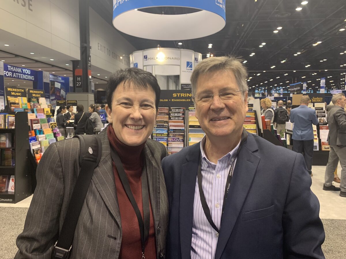 Jennifer Higdon and Thomas C Duffy reconnect at the Midwest Band Clinic in Chicago, IL.