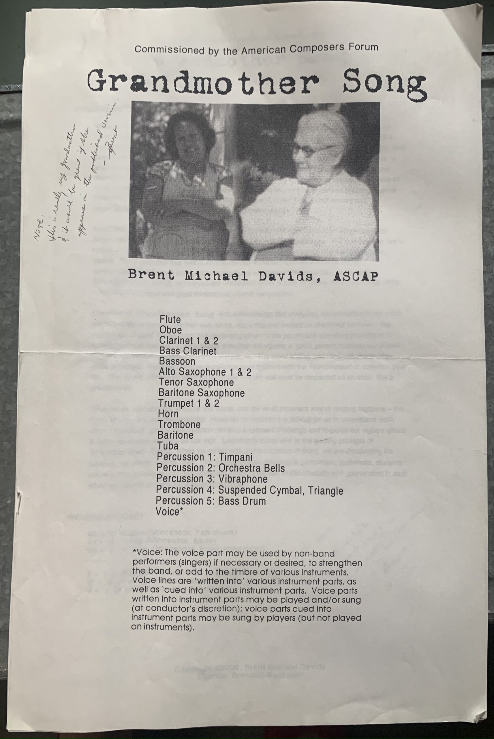 The original manuscript of Brent Michael Davids' 'Grandmother Song'