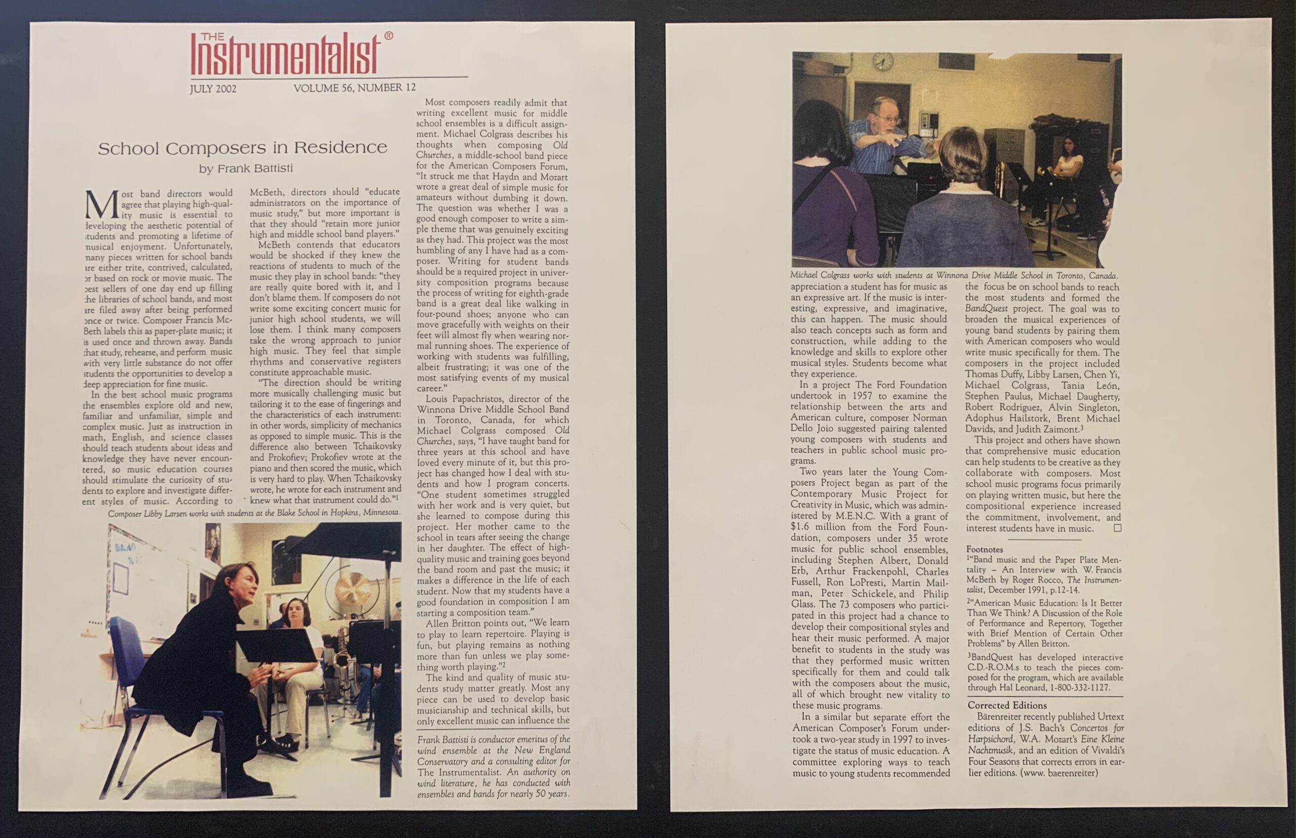 July 2002 BandQuest feature in The Instrumentalist by Frank Battisti