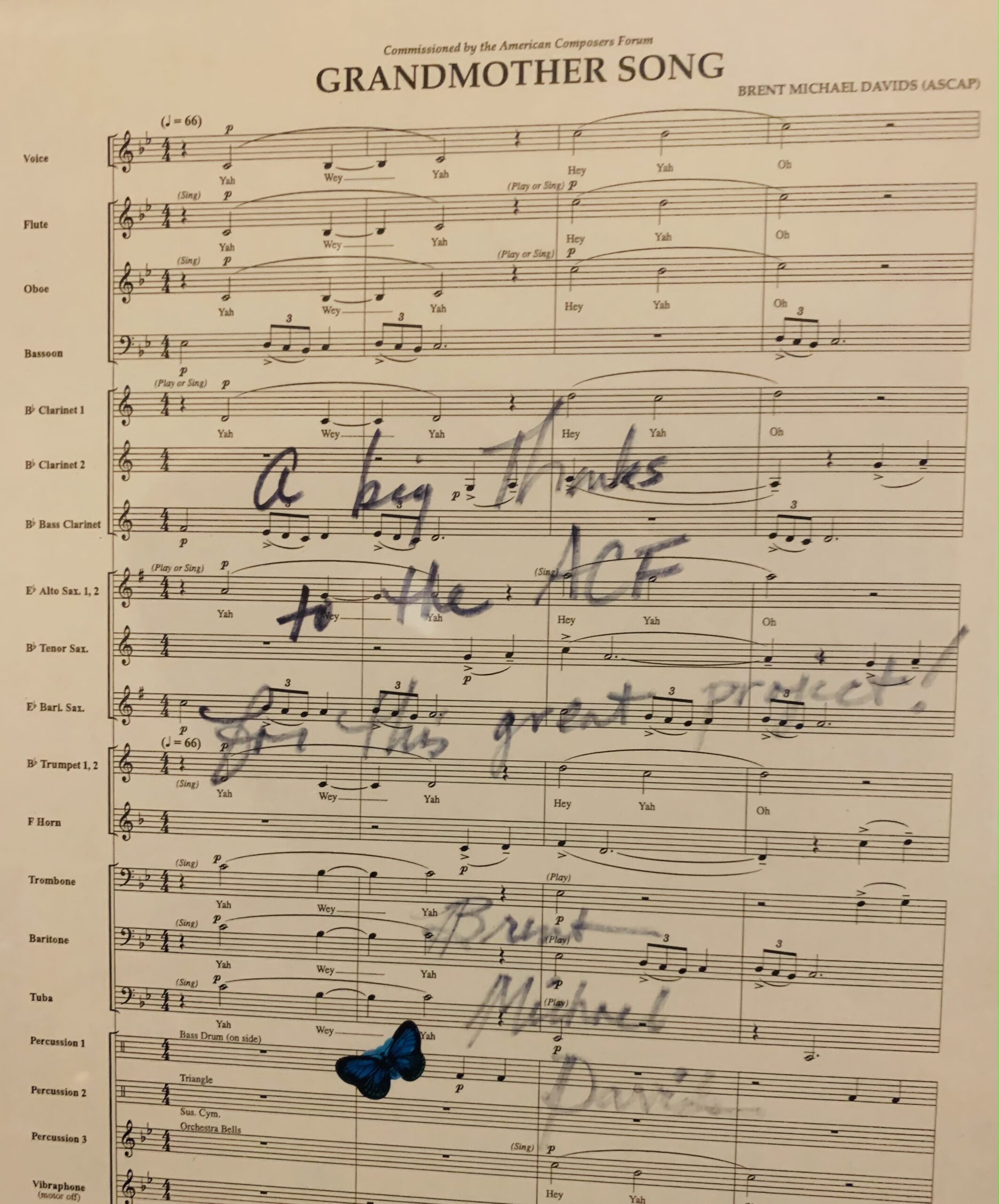 A thank you from Brent Michael Davids on his published score of 'Grandmother Song'