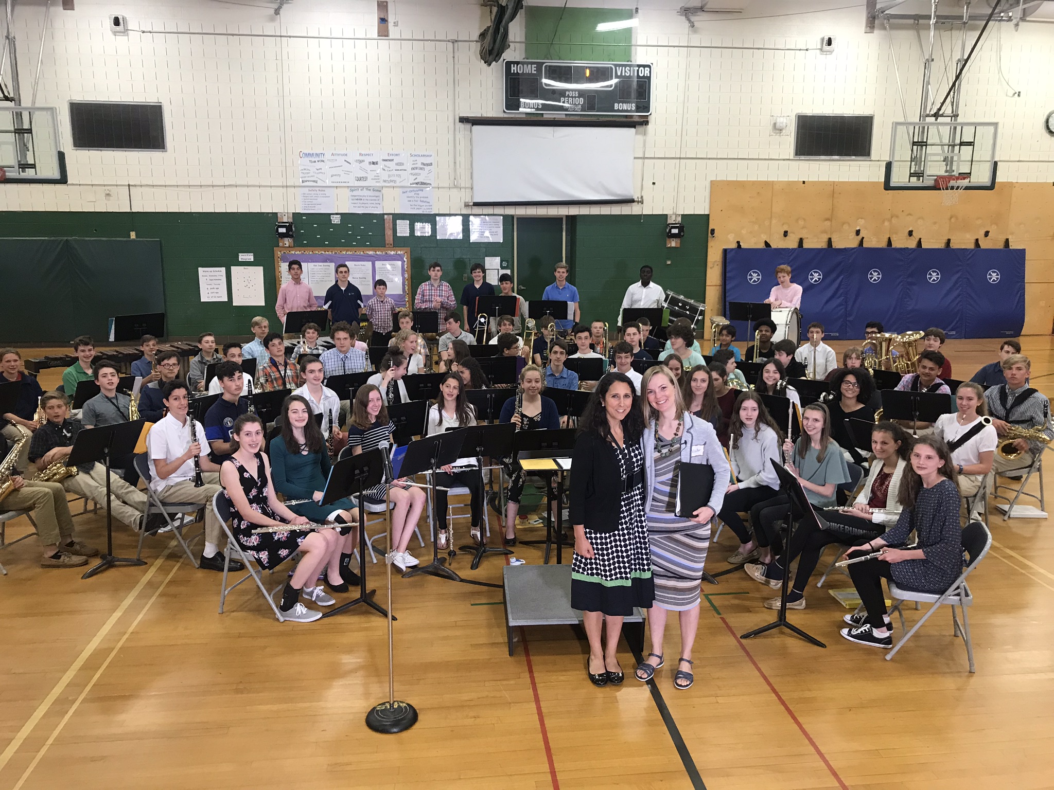Tawnie Olson, director Susan Oakley, and the students at EC Adams Middle School in Guilford, CT on the premiere day of 'Pop!' (2018).